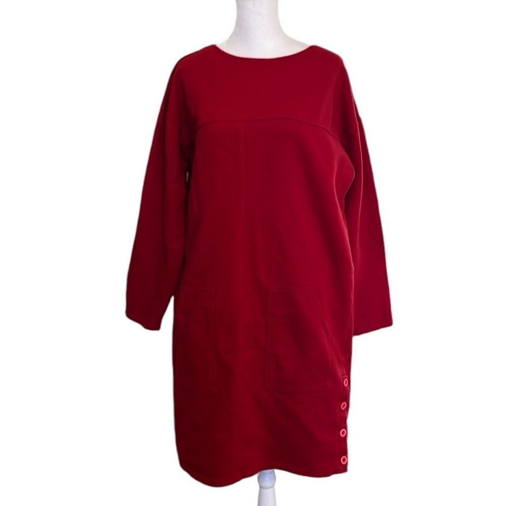 Carol Little sport szL red LS sweatshirt dress pockets buttons at bottom EUC